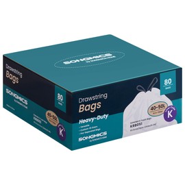 SONGMICS Trash Bags for 13-Gallon (50 L) Trash Cans, 80 Count, Drawstring Kitchen Garbage Bags, Quick-Dispense Box, Liner Code K, Cream White UKRB051A02