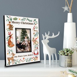 BELLA BUSTA- Merry Christmas Theme Picture Frame- Joy, Peace, Love, Believe- Woodland Animal Christmas Theme-UV Print (4x6 VERTICAL)