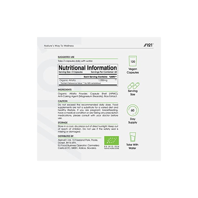 Organic Alfalfa 1200mg – 120 Vegan Capsules (2 Months Supply)