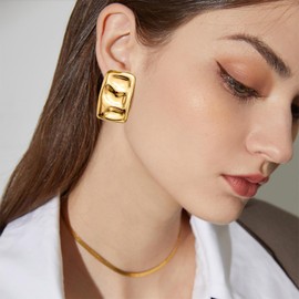 Chunky Gold Rectangle Stud Earrings for Women, Dainty Thick Stud Earrings, Minimalist Geometric Earrings for Women (Silver Gold 2pcs)