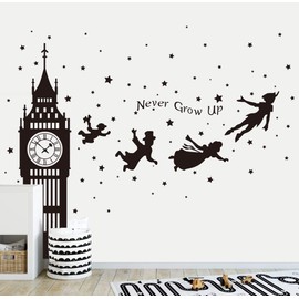 Runtoo Peter Pan Wall Decals Big Ben Clock Never Grow Up Quotes Stars Wall Stickers Baby Nursery Room Kids Bedroom Wall Decor [Black]
