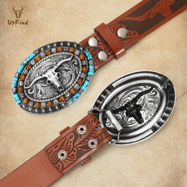 UpFind Western Leather Belt Cowboy Belt with Turquoise Buckle for Men Women Western Embossed Leather Belt for Jeans