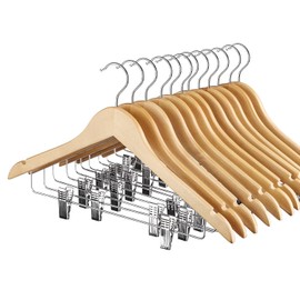 HOUSE DAY 12 Pack High-Grade Wooden Suit Hangers Skirt Hangers with Clips Solid Wood Pants Hanger Natural Smooth Finish Premium Wood Hanger with Durable Metal Clips for Blouse, Dress, Coat, Jacket