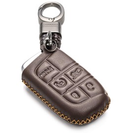 Vitodeco Genuine Leather Smart Key Keyless Remote Entry Fob Case Cover Compatible for Jeep, Dodge, Chrysler (5 Buttons, Brown)