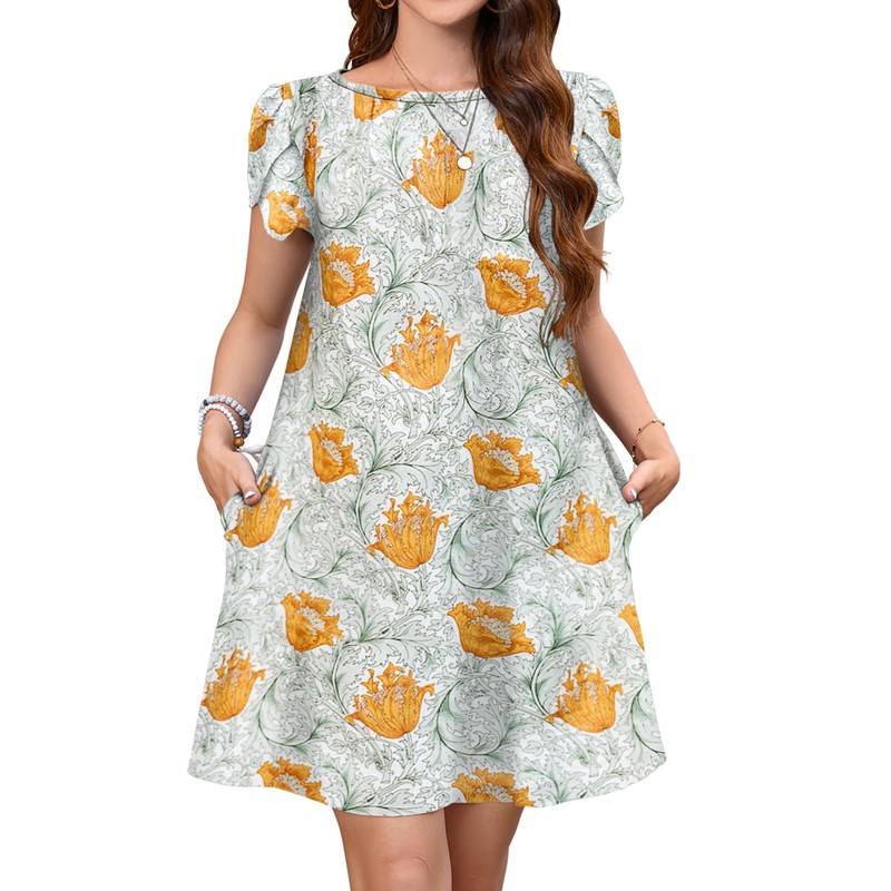 Bluetime Womens Boho Dresses Crewneck Puff Short Sleeve Beach Floral