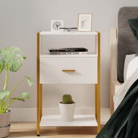 JOONEE Modern Nightstand, White and Gold Side Table with Drawer, Fluted Bedside Table with 3 Storage Shelves for Living Room, Bedroom