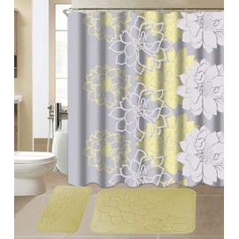 All American Collection 15-Piece Bathroom Set with 2 Memory Foam Bath Mats and Matching Shower Curtain | Designer Patterns and Colors (Flower Yellow)