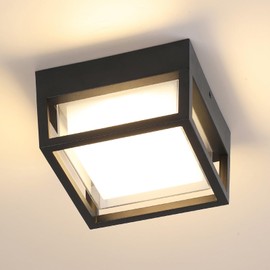 Outdoor Ceiling Porch Light LED Flush Mount for Wall or Ceiling, Square Exterior Wall Lamp for Patio Balcony Terrace, 3000K Warm Color, 125w Equivalent, Black, Wet Location, Small 6.3"x6.3"x4.3"