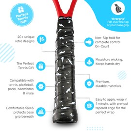 Get A Grip - Custom Tennis Racket Grip Tape - Anti-Slip/Quick-Drying Tennis Overgrips - Precut Badminton Racket Grip with Finishing Tape (Charged Up (Black), 1 Grip)