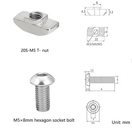 T Slot Nut and Screw Kits for 2020 Series Aluminum Extrusion Profile,6mm Slot Screw Nut Kit,40Pcs M5*10、40Pcs M5*8 Hexagon Socket Screws,40Pcs M5 T Sliding Nut,40Pcs M5 T Nut，40Pcs Washers (Silver)