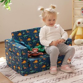 ALIMORDEN 2-in-1 Flip Out Comfy Toddler Couch, Lovely Kids Chair Convertible Sofa to Lounger for Story/Nap Time, Cool Dinosaurs