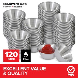 1.5 oz Stainless Steel Condiment Cups (120 Pack), Individual Portion Dipping Sauce Cups, Small Metal Ramekins for Ketchup, Marinara, BBQ Sauce, and More! Reusable Condiment Cups for Restaurants