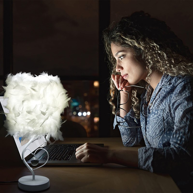 Feather Table Lamp, Bedside Table lamp for Bedroom, White Lamp