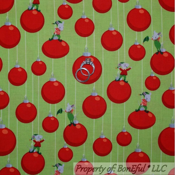 Clothworks BonEful Fabric FQ Cotton Quilt Green Red Gray Mouse