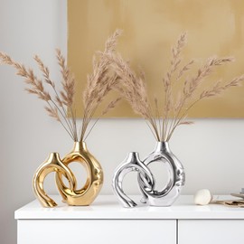 Juego de 2 jarrones de cerámica para decoración moderna del hogar, jarrón redondo bohemio para zacate de pampas, estatua minimalista neutra para mesa de comedor, centro de mesa, comedor, decoración de