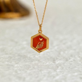 Evelyn Woods Pendant Necklace, Hexagonal Carnelian Crystal, Gold Vermeil, Sterling Silver, Skeleton Hand Heart Design, Love Symbol, Romantic Gift for Lovers