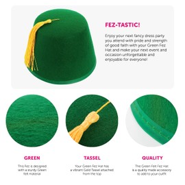 Fez Hat Green Fancy Dress Accessory Cap Green With Gold Tassel Unisex Felt Hat Mens & Womens - Pack Of 1