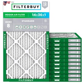 Filterbuy 14x36x1 Air Filter MERV 8 Essential Dust & Allergy Defense (12-Pack), Electrostatic Pleated HVAC AC Furnace Filters Replacement, Made in USA (Actual Size: 13.50 x 35.50 x 0.75)