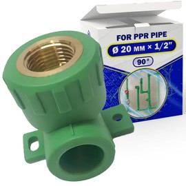 Fitting Diameter 20 mm x 1/2 Inch Angle 90 Degree Elbow with Wall Bracket Connector Made of PP-R and Metal Internal Thread for Connecting Metal Pipe with Thread to Polypropylene Water Pipe Plastic