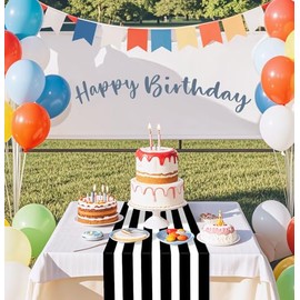 Camino de mesa a rayas de plástico, 12 unidades, 14 x 108 pulgadas, desechable, color blanco y negro, para mesa, boda, baby shower, decoración de fiesta de cumpleaños, camino de mesa a