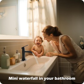 HOIGY Brass Waterfall Bathroom Faucets One Hole, Matte Black Faucet Bathroom, 4 Inch 1 Hole or 3 Hole Bathroom Vanity Faucet, 1 Handle Farmhouse Bathroom Sink Faucet with Drain & Deck Plate Save Water