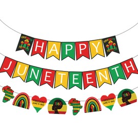 Doumeny Happy Juneteenth Paper Banner June 19th 1865 Freedom Day Banner Garland African Afro American Emancipation Independence Day Paper Bunting Black History Month Paper Garland for Mantel Fireplace