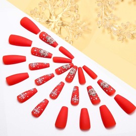 Christmas Press on Nails Coffin Long Length, 24Pcs Red Artificial Winter Fake Nails with Xmas Snow Gingerbread Man Designs, Glossy Full Cover False Nails Glue Stick on Fingernails for Women(JP1288)