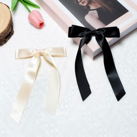 Hair Bows Hair Clip Beige Black Hair Ribbon Ponytail Holder Accessories Slides Metal Clips Hair Bow for Women With Metal Clips, Aesthetic Hair Accessories 2PCS (2Pcs Beige+Black, One size)