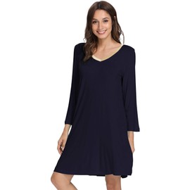 GYS Nightgowns for Women - Viscose Made from Bamboo, Soft Long Sleeve Night Shirts Comfy Sleepwear Sleep Dress, Navy, X-Large