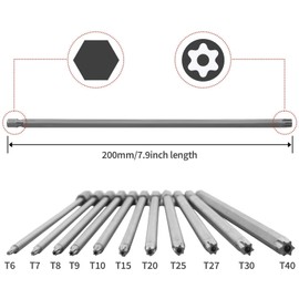 11 Pcs Long Torx Security Screwdriver Drill Bits Set,7.8" Tamper Proof Star Torx Bit Set,T6 T7 T8 T9 T10 T15 T20 T25 T27 T30 T40 Standard 1/4 Inch Magnetic Hex Shank Magnetic S2-Steel Screwdriver Bits