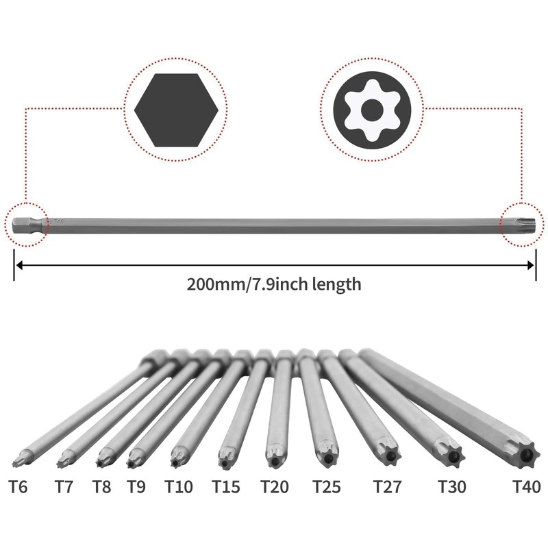 11 Pcs Long Torx Security Screwdriver Drill Bits Set,7.8" Tamper