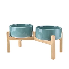 SPUNKYJUNKY Elevated Dog Bowls Ceramic, 7.3'' Dogs Food Water Bowls Raised with Non-Slip Bamboo Stand for Medium to Large Sized Breed Microwave Dishwasher Safe - 42 OZ,Dark Green