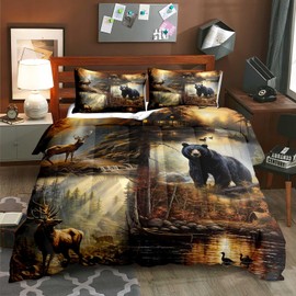 LUVIVIHOME 3PCS Black Bear Deer Comforter Set King Size, Elk Moose Mallard Duck Woodland Forest Animal Wildlife Hunting Camo Hunter Country Lodge Rustic Farmhouse Cabin Bedding Sets, 2 Pillow Shams