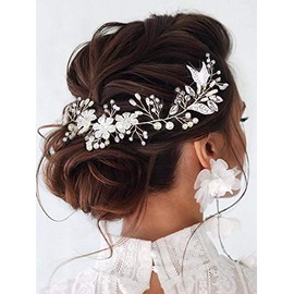 Unicra Flores de novia para el pelo de la boda de la vid de la hoja de plata de la pieza de pelo de perlas accesorios para el cabello para