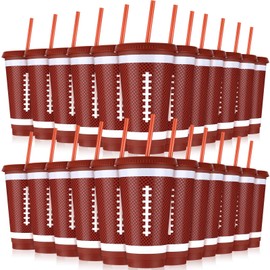 Bokon 12 Pcs Football Plastic Cups with Straw and Lid, Football Party Supplies 24 oz Disposable Football Cups Reusable Football Drinking Cup for Sports Events Birthday Football Party Decorations