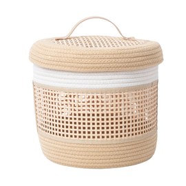 MIZHICRAFT Handwoven Cotton rope&Bamboo Storage Basket with - Foldable basket Organizer for Toys, Blankets, and Clothes -11”x11”x11” Small Round Basket for Shelves