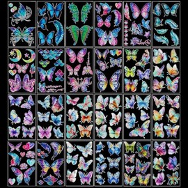 Qpout Fluorescent Butterfly Temporary Tattoos,24 Sheets Neon UV Reactive Butterfly Transfers Fake Tattoos for Women Girls Face Body Art Rave Festival Glow in Dark Party Favors Supplies