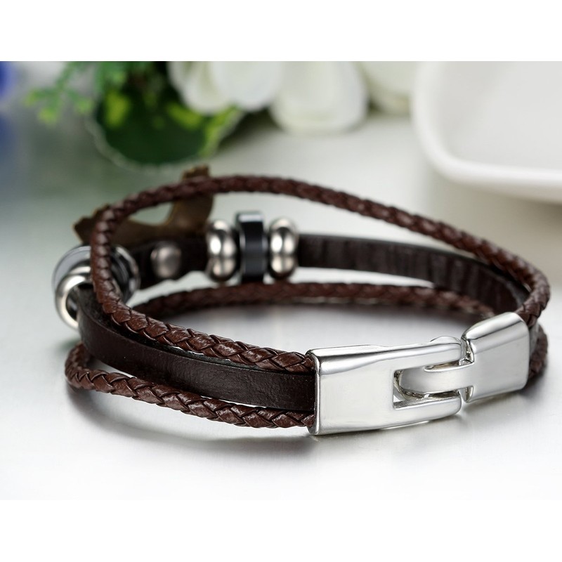 JewelryWe Men Women Brown Leather Wrap Bracelet Retro Eagle Beads