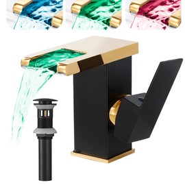 Waterfall Bathroom Faucet Black&Gold Led Light 3 Colors Changing Spout Single Handle Lavatory Vanity Sink Faucet One Hole Matching Pop Up Drain with Overflow Bath Basin Deck Mount Commercial