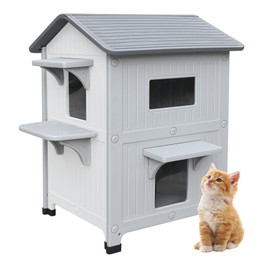 Plastic Outdoor Cat House with Escape Door, Waterproof 2 Story Outdoor Houses for Feral Cats Outside Cat Shelter, Spacious, Clean and Assemble Easily