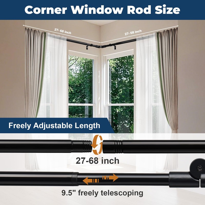 Corner Curtain Rod for Windows 30 to 136 Inches, Adjustable
