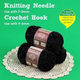 LUNARM 3 * 100g Chenille Velvet Yarn, Yarn for Crocheting Knitting with Big Eye Needles, Handcrafts Weaving Soft Chenille Yarn for Making Blankets, Clothes, Pattern Knitting Creations (Black)