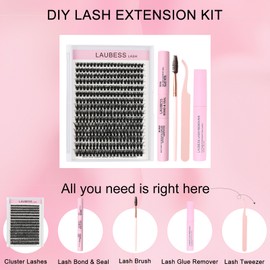 Lash Extension Kit 300 Pcs Lash Clusters Kit Lash Bond and Seal Waterproof DIY Lash Extension Kit Lash Tweezers Eyelash Brush Lash Remover Eyelash Extension Kit (Set 40D-0.07D-8-15Mix)