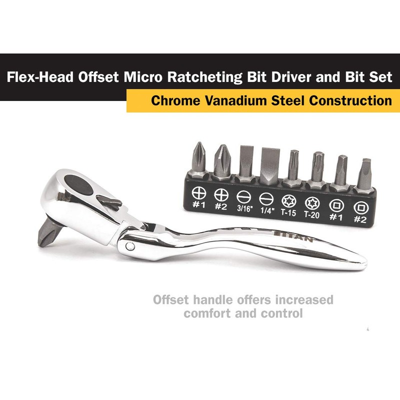 Titan 11212 4-1/8-Inch Flex-Head Offset Micro Ratcheting Bit Driver and