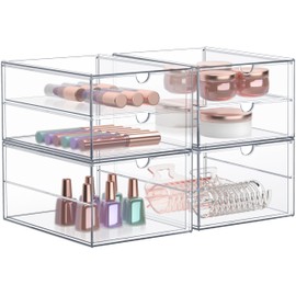 Sorbus Makeup Organizer With 6 Drawers, Acrylic Drawer Organizer for Makeup, Office Organization and Storage, Art Supplies, Jewelry, Stationary - 4 Pcs Clear Stackable Storage Bins Organizer Drawers