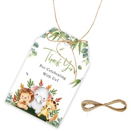 50pcs Jungle Safari Thank You Tags, Wild Animals Gift Tag with String for Baby Shower Party, Animal Thank You Paper Tags for Wild One Birthday/Engagement/Baby Shower Party Favors
