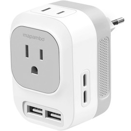 Mapambo 220V to 110V Voltage Converter US to Europe Converter for European Travel Plug Adapter with 2 USB Port 2 USB C International Power Adapter (Grey)