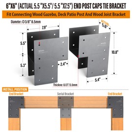 Wocepu 2 Pack Heavy Duty 6x6 (Actual 5.5"x5.5") Stainless Steel End Post Caps Tie Bracket , Fit Connecting Wood Gazebo, Deck Patio Post and Wood Beams Bracket (Dark Ggray)