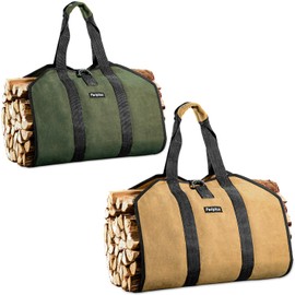 Pariplus 2-Pack Canvas Firewood Carriers - Sturdy Log Carriers for Firewood with Handles and Security Strap, Wood Carrier Tote Bag for Camping, Fireplace, Wood Stove Accessories - Brown & Army Green