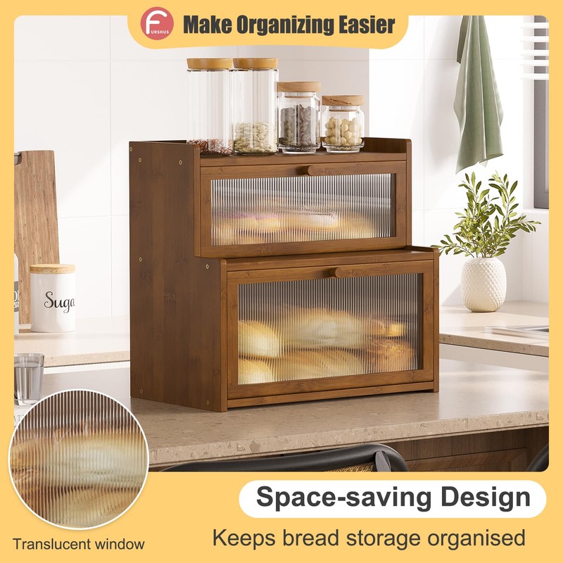 Furshus Double Layer Bamboo Bread Box for Kitchen Counter,Bread Holder,Countertop